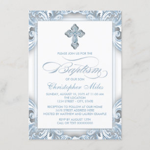 Boys Silver Blue Baptism Invitation