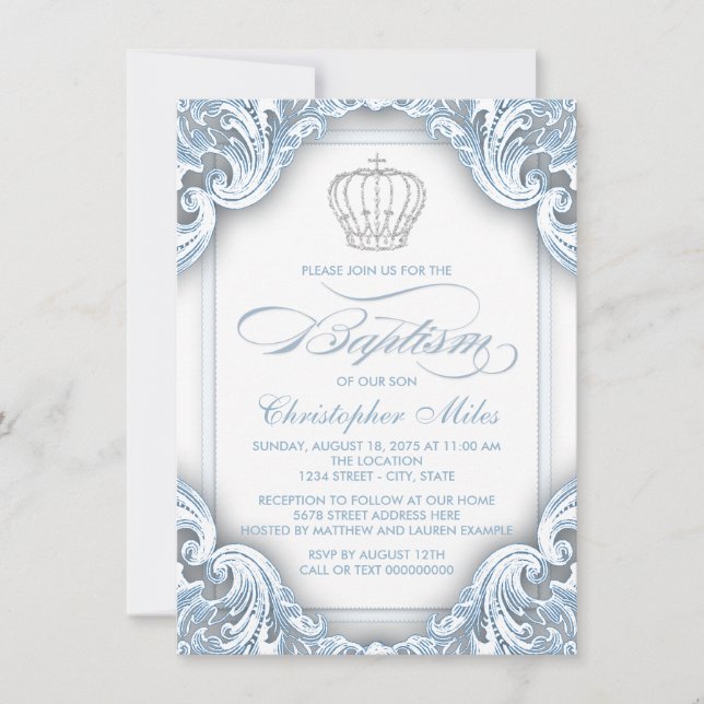 Boys Silver Blue Prince Baptism Invitation (Front)