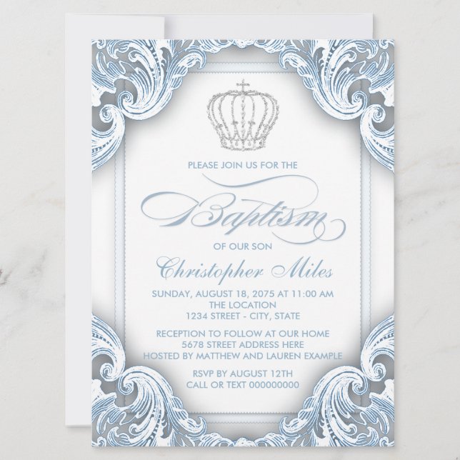 Boys Silver Blue Prince Baptism Invitation (Front)