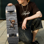 Boys Skateboarding Teddy Bear Brick Wall Name Skateboard<br><div class="desc">Urban hip hop skateboarding teddy bear skateboard for boys / kids.  Customisable name text on spot light dark grey brick wall background.</div>