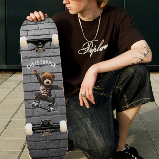 Boys Skateboarding Teddy Bear Brick Wall Name Skateboard (Boys Skateboarding Teddy Bear Brick Wall Name Skateboard)