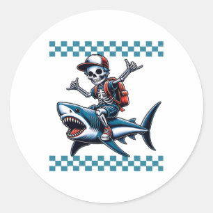 Boys Skeleton Riding A Shark Back To School Classic Round Sticker