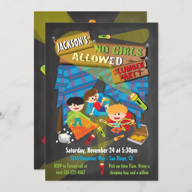 Boys Sleepover Slumber Party invitations (Front/Back)