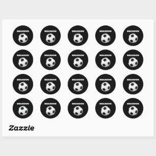 Boys Soccer Ball Black Stylish Custom Name Kids Classic Round Sticker