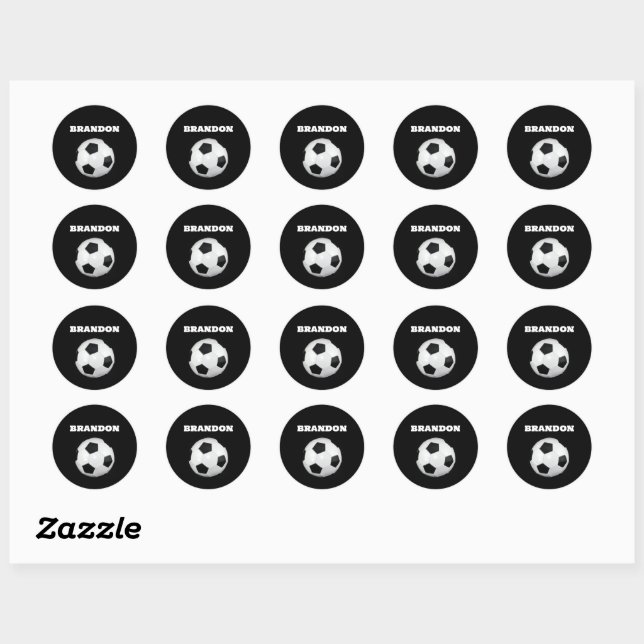 Boys Soccer Ball Black Stylish Custom Name Kids Classic Round Sticker (Sheet)