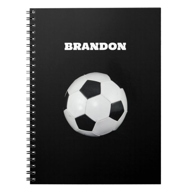Boys Soccer Ball Black Stylish Custom Name Kids Notebook (Front)