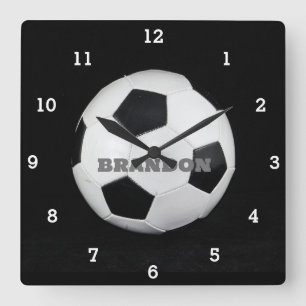 Boys Soccer Ball Black Stylish Custom Name Kids Square Wall Clock