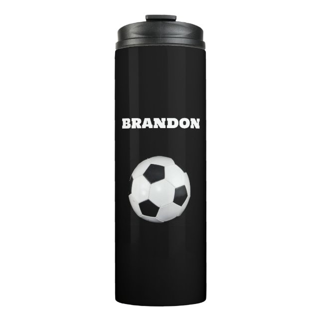 Boys Soccer Ball Black Stylish Custom Name Kids Thermal Tumbler (Front)