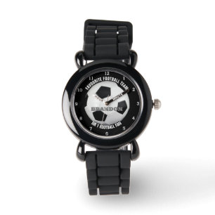Boys Soccer Ball Black Stylish Custom Name Kids Watch