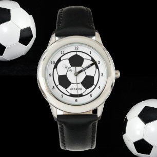 Boys Soccer Ball Black Stylish Custom Name Kids Watch