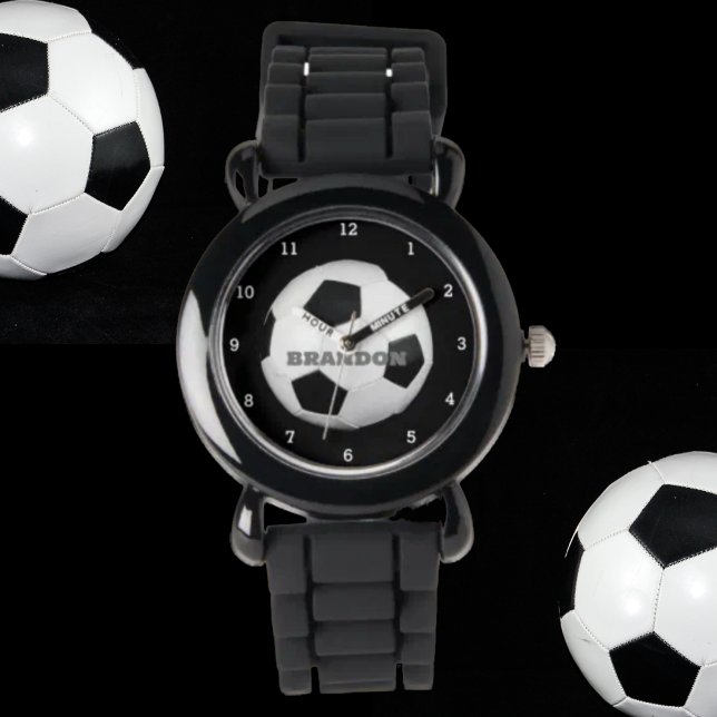 Boys Soccer Ball Black Stylish Custom Name Kids Watch (Creator Uploaded)