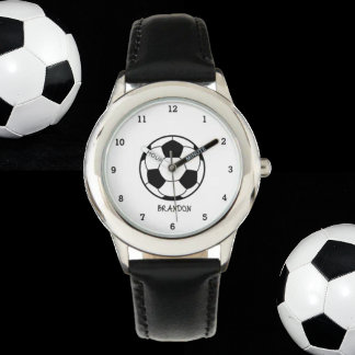 Boys Soccer Ball Black Stylish Custom Name Kids Watch