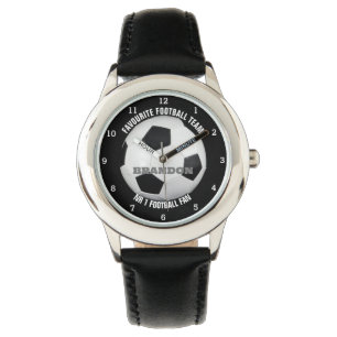 Boys Soccer Ball Black Stylish Custom Name Kids Watch