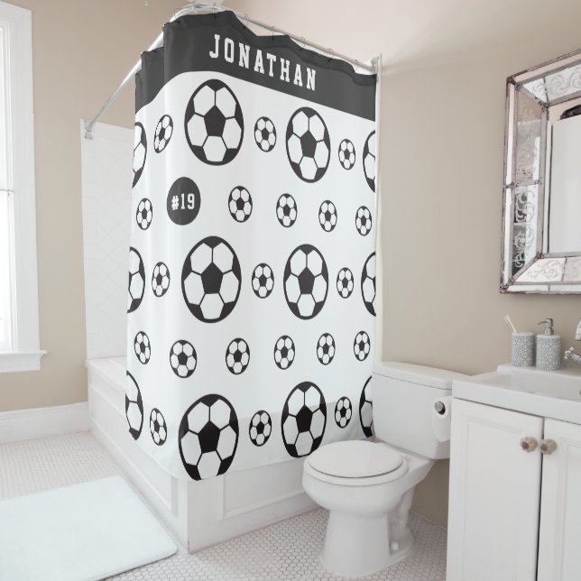 Boys Soccer Player's Name & Number Sports Fan Ball Shower Curtain (In Situ)