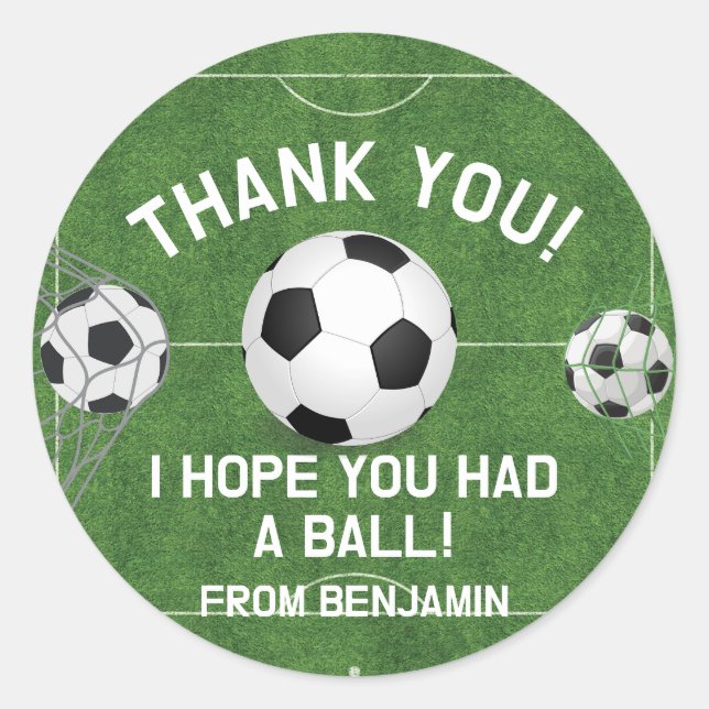 Boys Soccer Sports Thank You Kids Birthday Favour  Classic Round Sticker (Front)