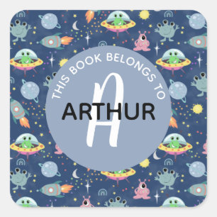 Boys Space Alien Pattern and Name Kids Bookplate Square Sticker