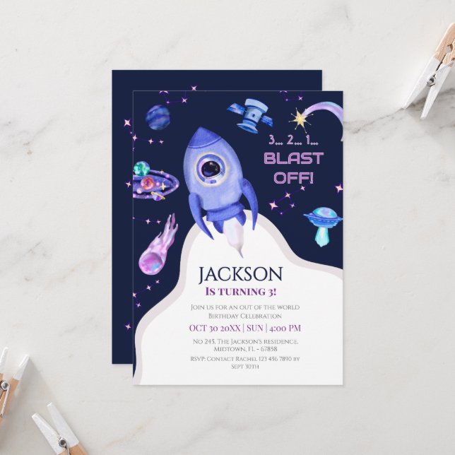 Boys Space Birthday Blast Off Rocket 3rd birthday Invitation (Front/Back In Situ)