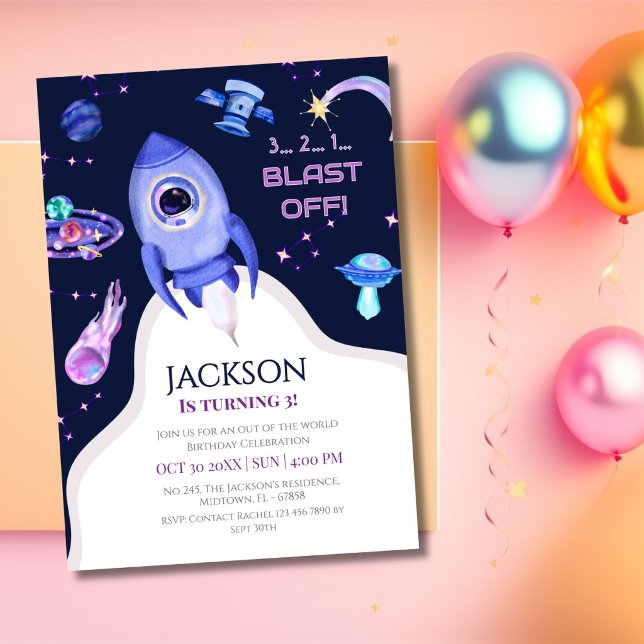 Boys Space Birthday Blast Off Rocket 3rd birthday Invitation (Creator Uploaded)