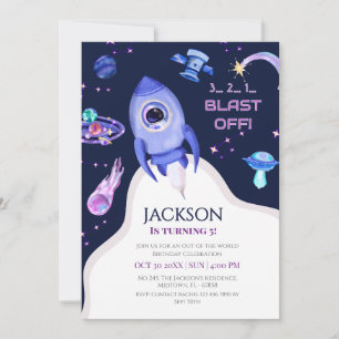 Boys Space Birthday Blast Off Rocket 5th birthday Invitation