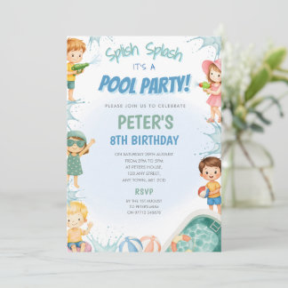 Boy's Splish Splash Pool Party Birthday Invitation