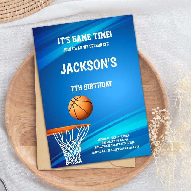 Boys Sports Party Invitation (Basket Blue back Basketball Invitations)