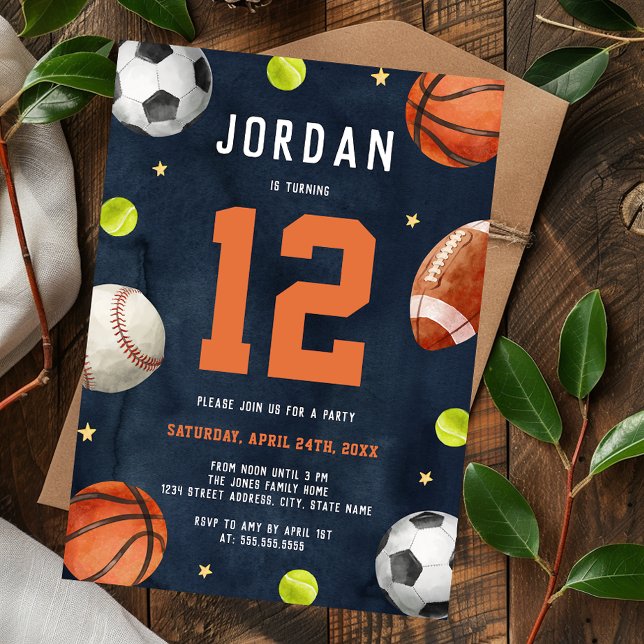 Boys Sports Theme Orange Navy Birthday Party  Invitation (Creator Uploaded)