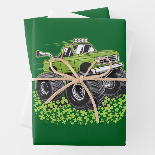 Boys St Patricks Day Toddler Lucky Monster Truck  Wrapping Paper Sheet (In situ)