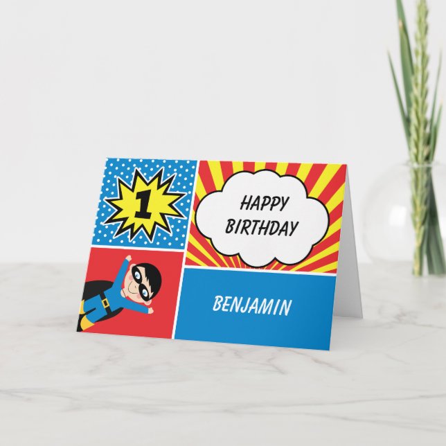 Boys Superhero 1st Birthday Card (Front)