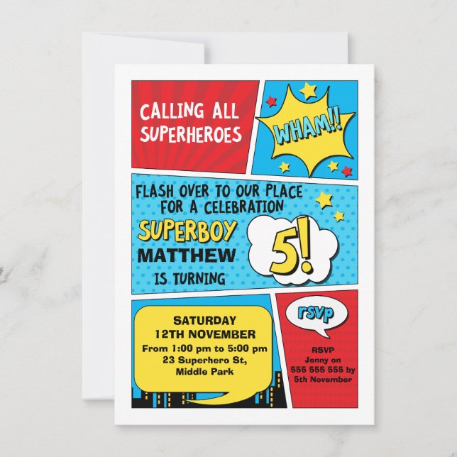 Boys Superhero 5th Birthday Invitation (Front)