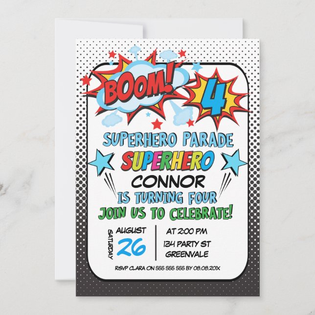 Boys Superhero  Parade 4th Birthday Invitation (Front)