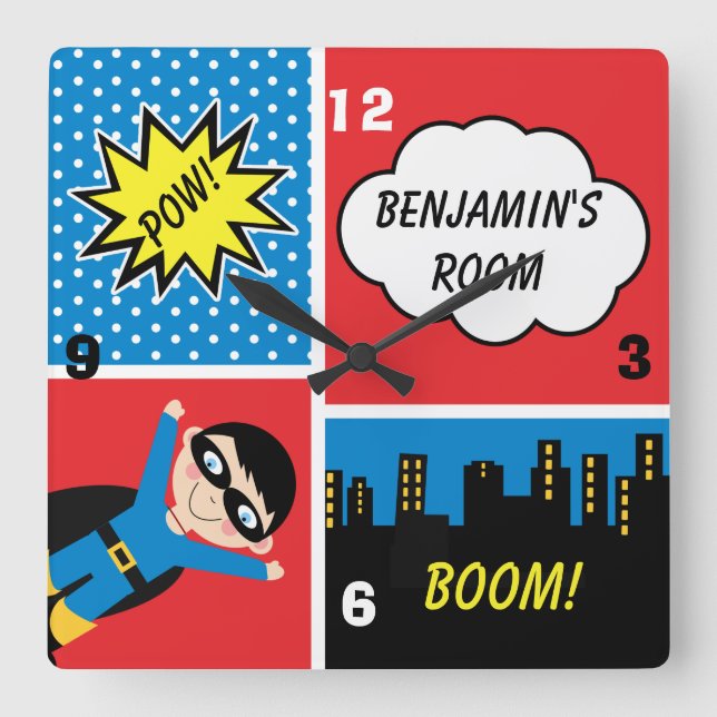 Boys Superhero Personalised Wall Clock (Front)