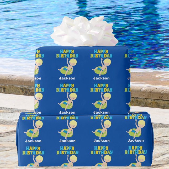 Boys Swimming Pool Party Kids Blue Birthday Wrapping Paper (Creator Uploaded)