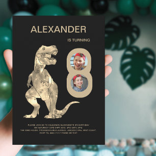 Boys T-Rex Dino 8th Birthday Party Photo Collage Invitation