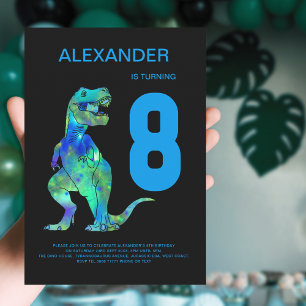 Boys T-Rex Dinosaur 8th Birthday Party Blue Invitation