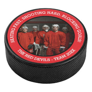 Boys team photo and slogan red black white hockey puck