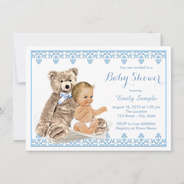 Boys Teddy Bear Baby Shower Invitation (Front)