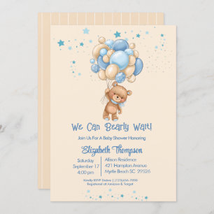 Boys Teddy Bear Balloons Bearly Wait Baby Shower  Invitation