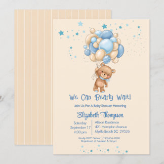 Boys Teddy Bear Balloons Bearly Wait Baby Shower Invitation