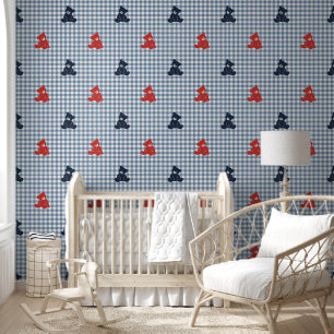 Boys Teddy Bear Gingham - Navy, Red & Smoke Blue Wallpaper