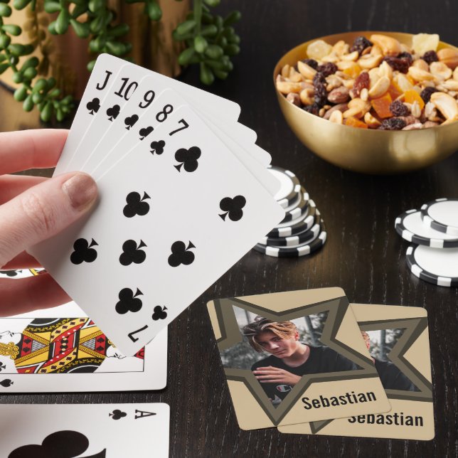 Boys teen photo in a black star brown custom name  playing cards (In Situ)