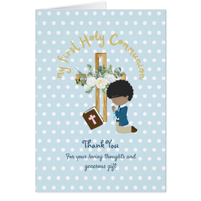 BOY'S Thank You Holy Communion Card - Black Hair (Front)