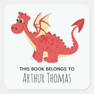 Boys 'This Book Belongs' Welsh Dragon & Name Kids Square Sticker