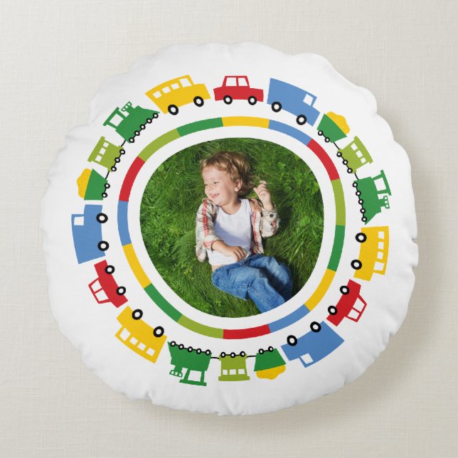 Boys Toys Cars Bus Trains Birthday Photo Stickers Round Cushion (Front)