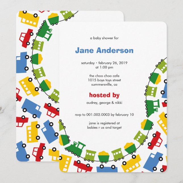 Boys Toys Colourful Transport Cute Boy Baby Shower Invitation (Front/Back)