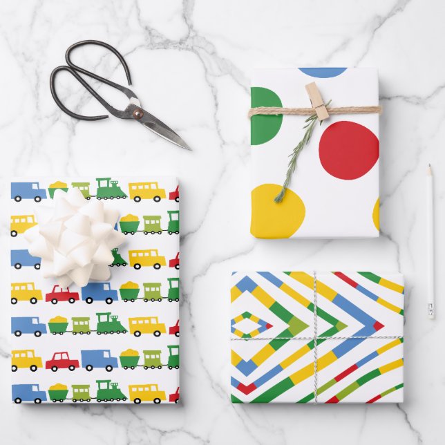 Boys Toys Colourful Transport Kid's Birthday Party Wrapping Paper Sheet (Front)
