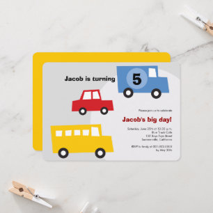 Boys Toys Fun Transport Kids 5th Birthday Party Invitation