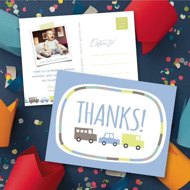 Boys Toys Pastel Blue Kid Birthday Party Thank You Postcard (Boys Toys Pastel Blue Cute Transport Kid's Birthday Party Thank You Postcard by fatfatin @ Zazzle)
