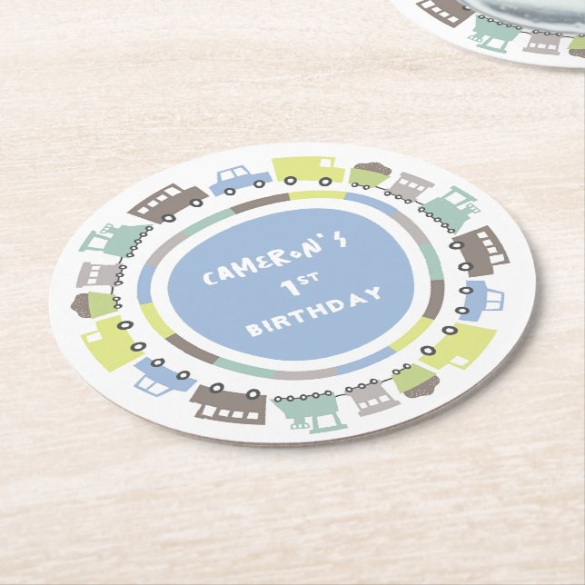 Boys Toys Pastel Blue Kid Transport Birthday Party Round Paper Coaster (Angled)
