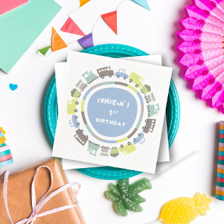 Boys Toys Pastel Blue Transport Kid Birthday Party Napkin