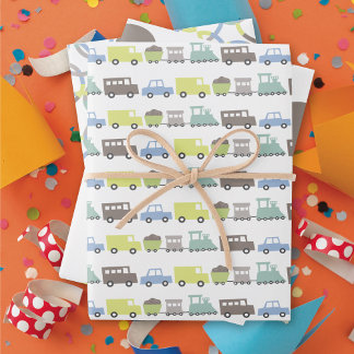 Boys Toys Pastel Blue Transport Kid Birthday Party Wrapping Paper Sheet